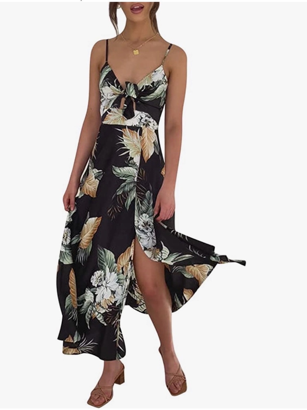 Amazon Black Tropical Floral Tie-Front Maxi Dress with Green and Cream Leaves